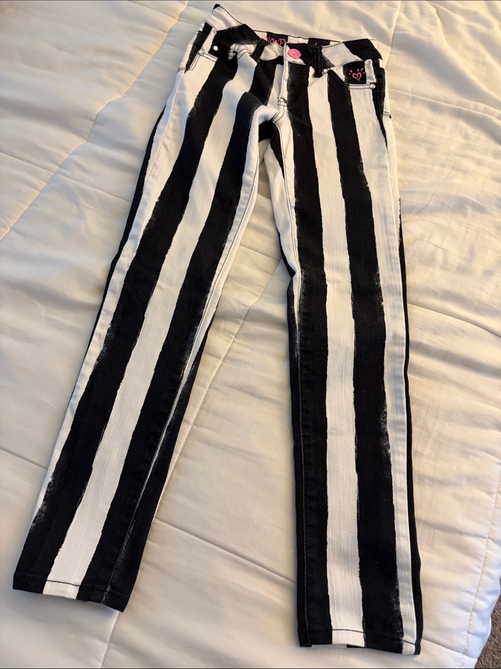 Justice Premium Black & White Striped Jeans with Pink Script Logo Size 12S
